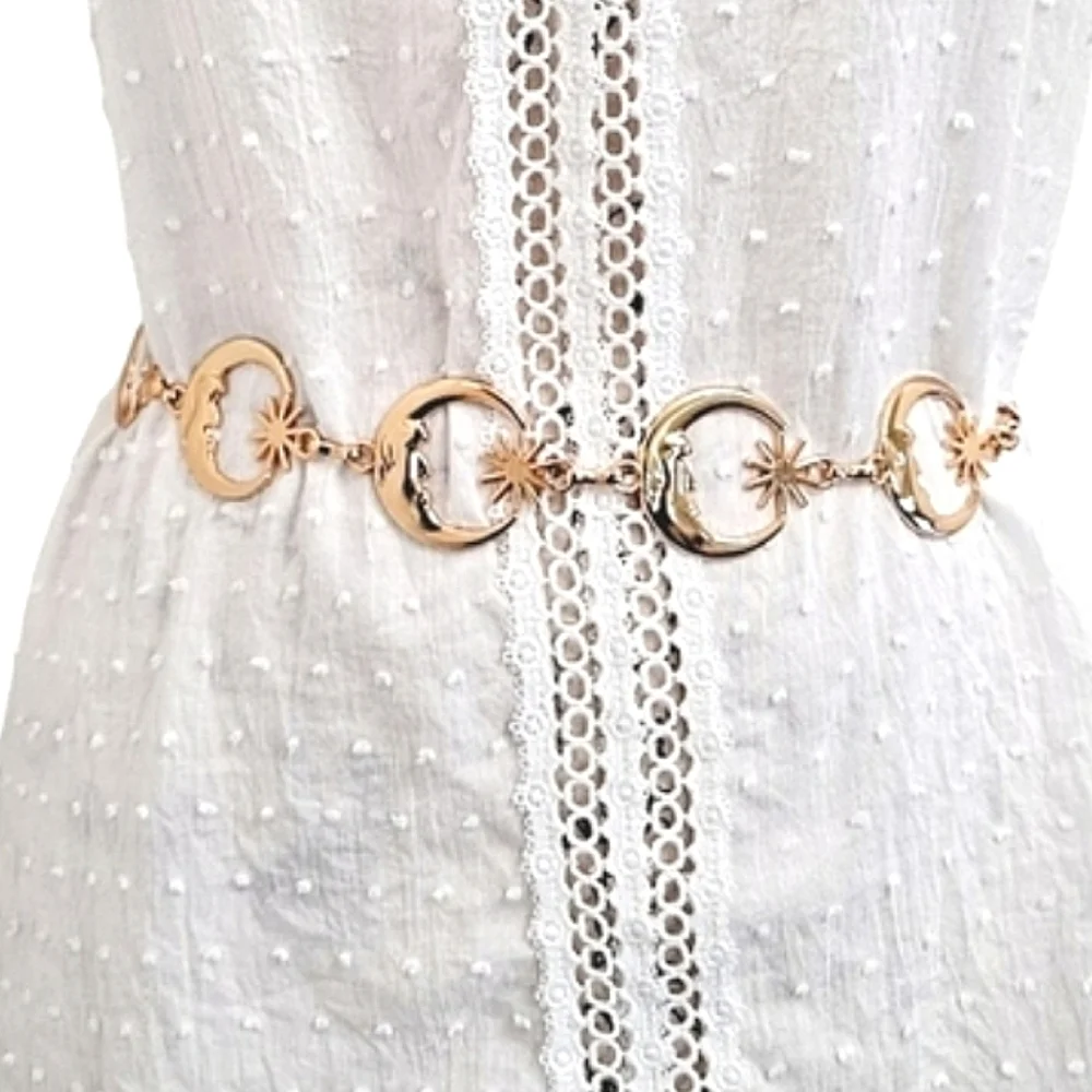 Womens Boho Gold metallic Moon Star whimsigoth celestial waist chain disco belt - Picture 5 of 9